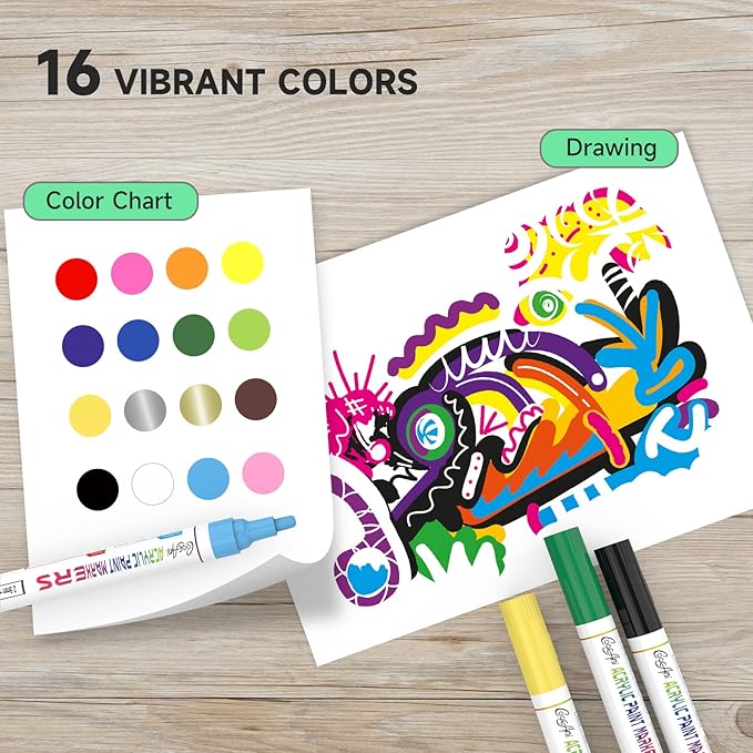 16 Colors Permanent Markers, Acrylic Paint Pens for Rock Painting, Canvas, Wood, Glass, Mugs, Fabric, Ceramic,Lettering,Card Making DIY Crafts (2.5MM Medium Tip)