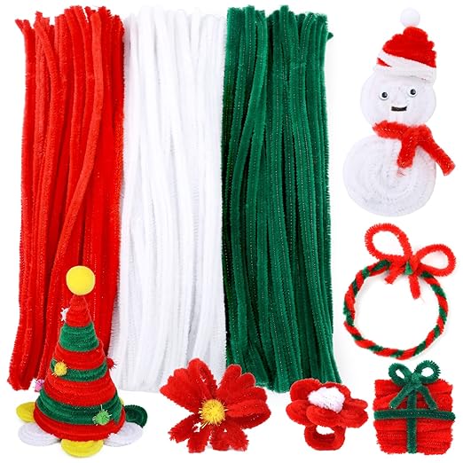 200 PCS Pipe Cleaners, Christmas Craft Pipe Cleaners, Pipe Cleaners Chenille Stems, Pipe Cleaners Bulk, Art Pipe Cleaners for Creative Christmas Decoration Supplies (Red+Green+White)