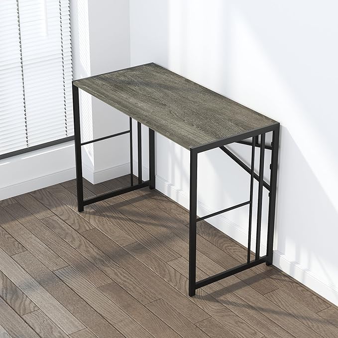35 inch Narrow Folding Desk, Writing Gaming Computer Camping Desk for Small Spaces, No Assembly Required Home Office Table, Black Oak