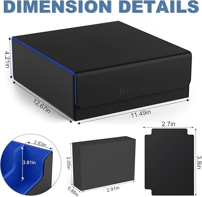 Mlikero Card Deck Case, 2400+ Trading Card Storage Box with 10 Colorful Dividers and 4 Foam Stoppers, Leather Magnetic Closure Commander Deck Box Fit for MTG, TCG (4 Rows, Black&Blue)