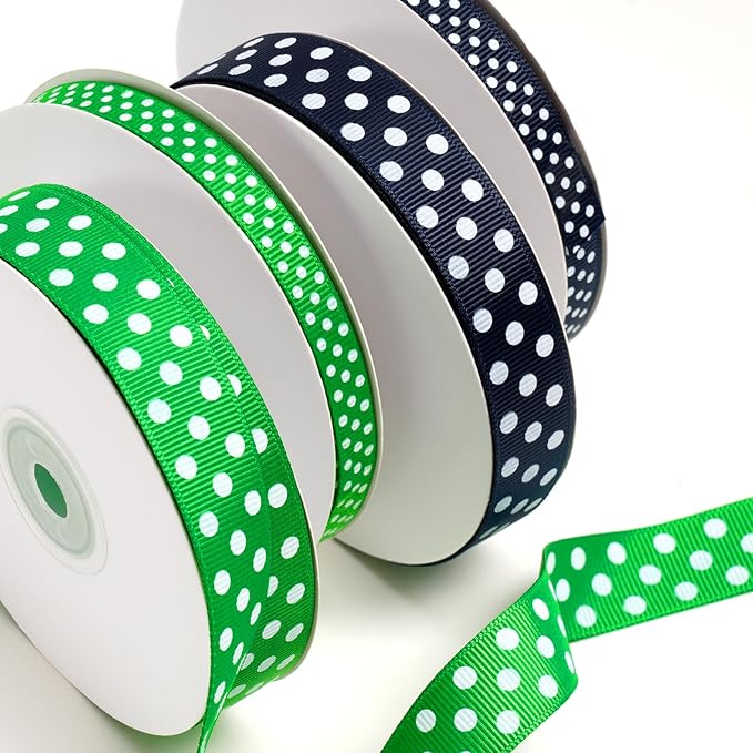 Polka Dot Grosgrain Ribbon 3/8 Inch, 25 Yards Spool Green and White Polka Dot Ribbon for Christmas Gift Wrapping DIY Crafts Hair Bows Wedding Party Decor Sewing and Home Decoration