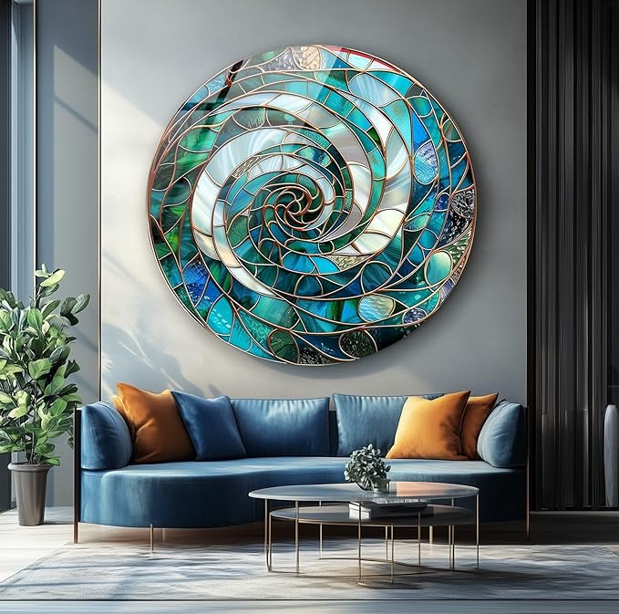 My Photostation.com 24''(60cm) Diameter Aqua Spiral Harmony Round Glass Wall Art Tempered Glass Printing Wall Decor Large Wall Art Wall Hangings