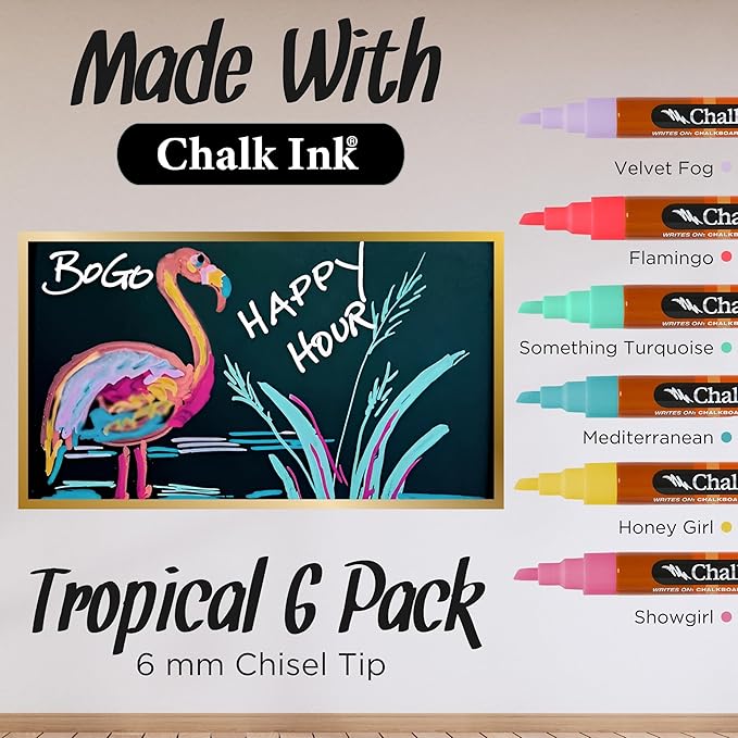 Chalk Ink Chisel Tip Wet Wipe Chalk Markers (6mm, Tropical, 6 Pack)