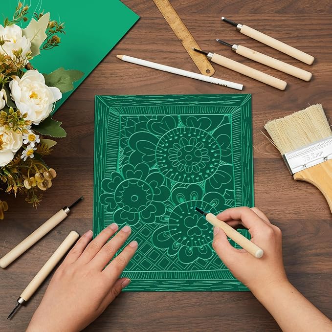 Yeaqee 8 Pcs Linoleum Block Rubber Carving Block Soft Linocut Blocks Large Linoleum Sheet Unmounted Lino Plates for Engraving Art Project Printmaking Artist Studio Supplies (8 x 10 Inch,Green)
