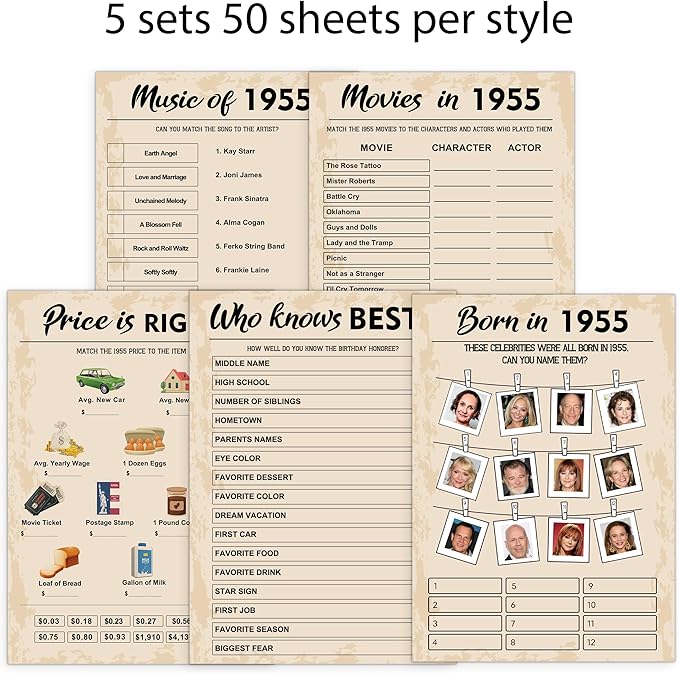 QUPT 70th Birthday Party Games, Set of 5 Activities for 10 Guests, Born in 1955 Games Bundle, Birthday Party Supplies for Adults, Pack of 50 Cards
