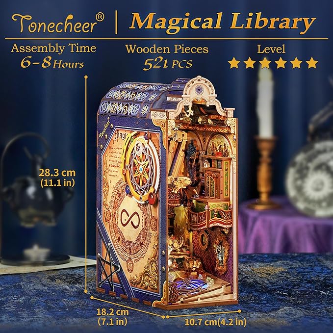 Tonecheer DIY Book Nook Kit for Adults, 3D Wooden Puzzle Bookend Miniature House Kit, Booknook Bookshelf Insert Decor with Dust Cover and LED Lights Gifts (Magical Library)