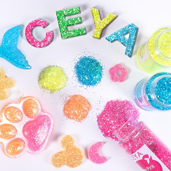 Ceya Bulk Chunky Glitter 6 Assorted Colors, 4.23OZ Each Jar Iridescent Crafts Glitter Set, 1/24” Medium Size Nail Sequins for School Classroom Art,DIY Craft Slime,Blue,Pink,Orange, Green,Yellow,Purple