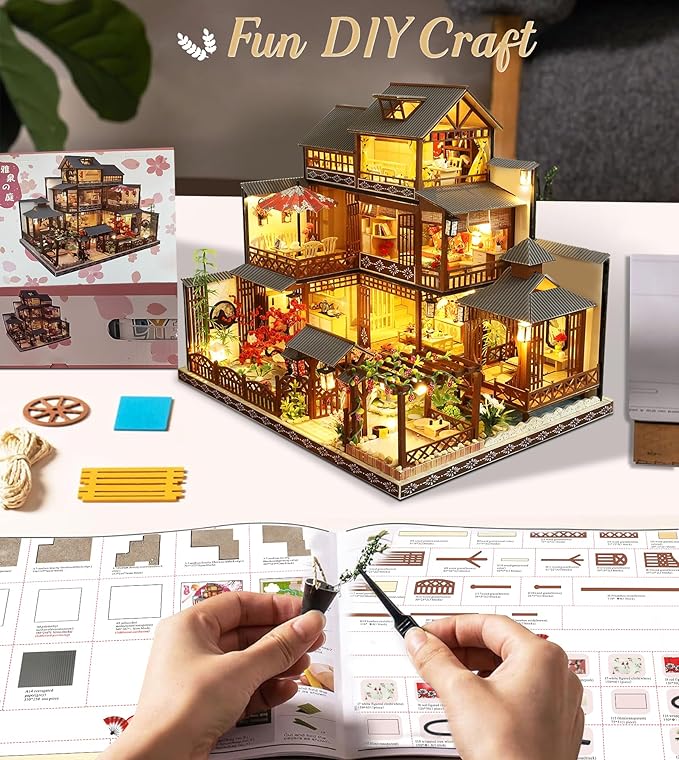 Spilay DIY Dollhouse Miniature with Wooden Furniture,DIY Dollhouse Kit Big Japanese Courtyard Model with LED & Music Box,1:24 Scale Creative Room Gift Idea for Adult Friend Lover (Yaquan Courtyard)