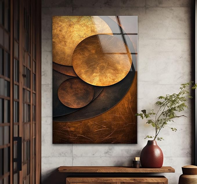 My Photostation.com 14Wx20H'' Bronze Art Deco Geometric Motifs Glass Wall Art Tempered Glass Printing Wall Decor Large Wall Art Wall Hangings