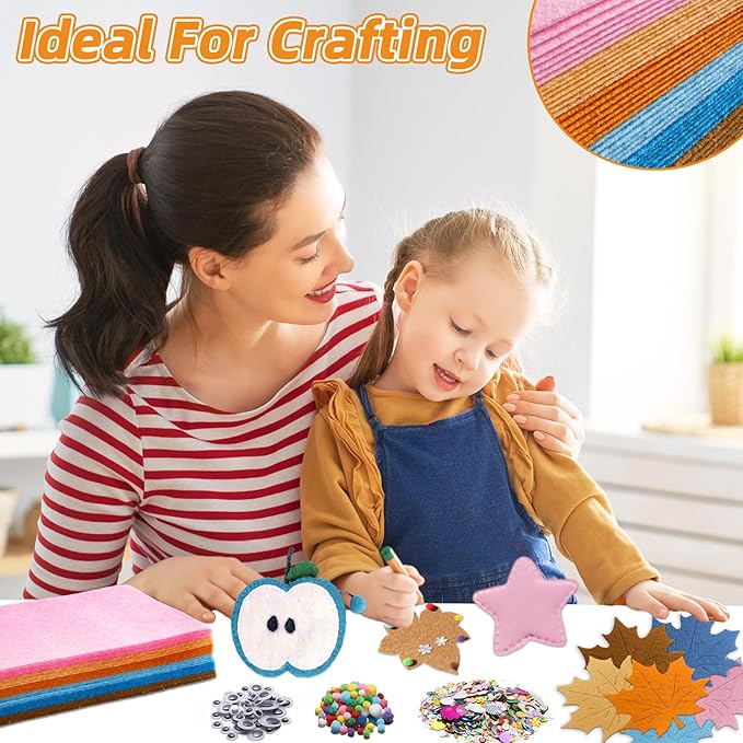 42Pcs Boho Felt Fabric Sheets 8 x 12 Inch Brown Beige Blue Assorted Soft Thick Felt Pack with Wiggle Google Eyes Pom Poms Glitter Patchwork Craft Supply for DlY Sewing Creative Art Project Decor