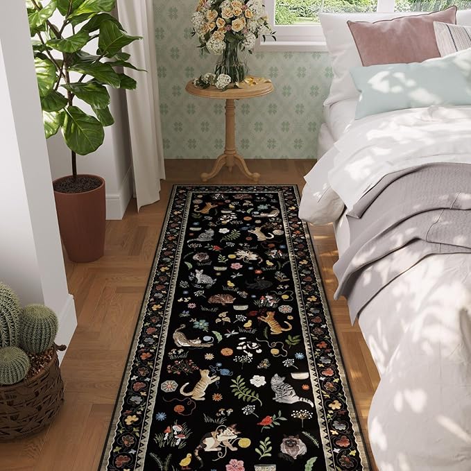 Rugcomf Runner Rug for Kitchen Non Slip 2'x6' Washable Rugs with Rubber Backing Soft Floral Animal Cat Carpet Runner for Kitchen Laundry Bedroom Bathroom, Black