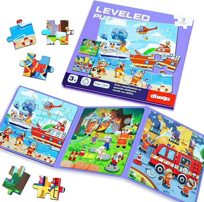 Fire Brigade Magnetic Puzzles for Toddlers, 3 in 1 Jigsaw Puzzle Book, Travel Puzzles for Preschool Learning Ages 3-8