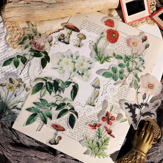 Vintage Vellum Stickers Floral Plants Elements Scrapbooking Supplies Flowers Botanic Natural Translucent Paper Self-Adhesive Junk-Journal Items (Floral)