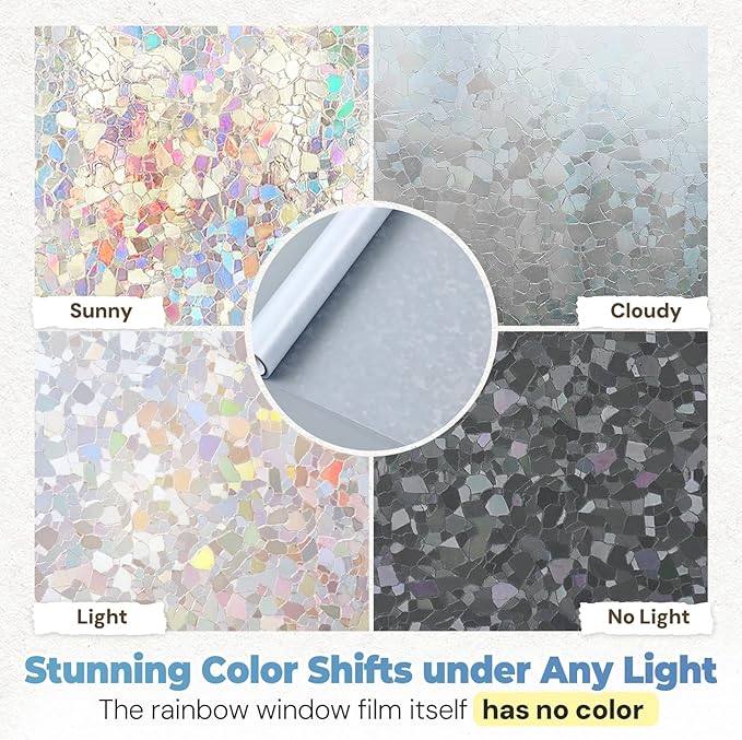 DOWELL Window Privacy Film Rainbow Film, Stained Glass Decorative Sticker, Static Cling Non-Adhesive Glass Clings, Sun Blocking Heat Control Window Coverings for Home Door, 17.5" x 78.7"