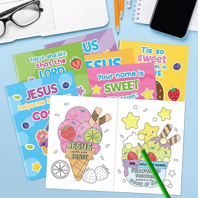 JAPBOR Ice Cream Coloring Books - 24PCS Mini Summer Religious Color Book Bulk for Kids Party Favors, Christian Jesus Small Colour Pages for Sunday School Class Drawing Painting Games Goodie Bag Filler