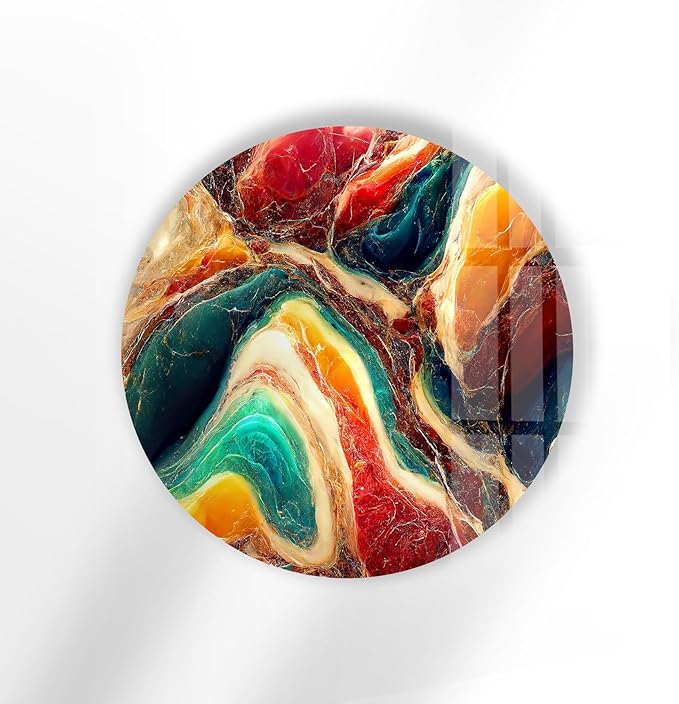 My Photostation.com 10''(25cm) Diameter Colorful Marble Swirl Round Wall Art Abstract Glass Decor with Earthy Tones & Gemstone Texture