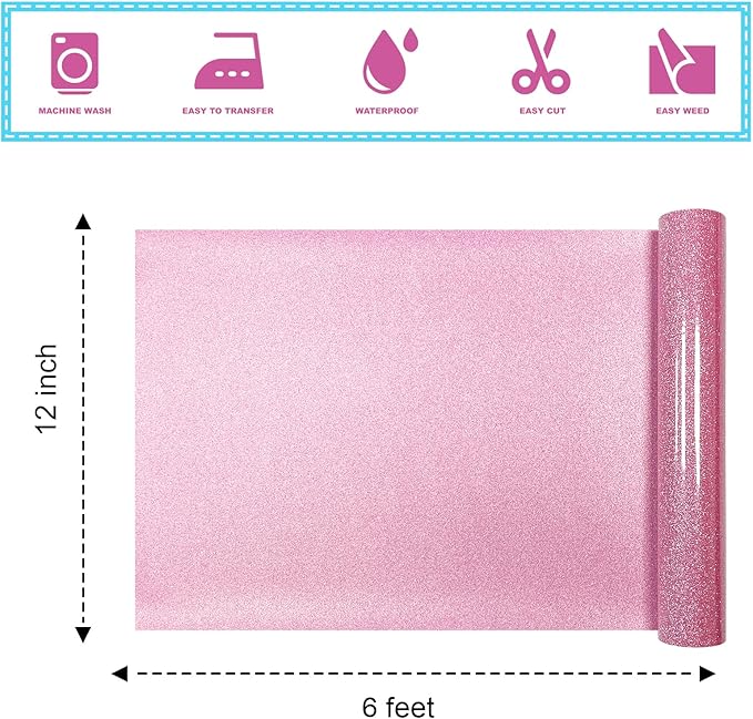 Rouge Powder Glitter HTV Heat Transfer Vinyl 12" x6FT Glitter Vinyl for T Shirts Easy to Cut and Weed Compatible with All Cutter Machines HTV Vinyl Iron on for Cricut (Rouge Powder 12”x6FT)