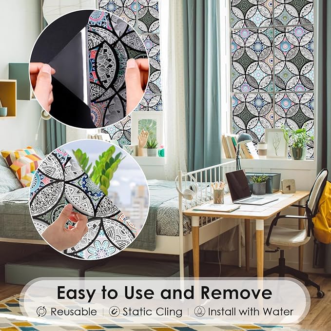 DKTIE Static Cling Decorative Window Film with Installation Tools Non Adhesive Privacy Film, Stained Glass Window Film for Bathroom Shower Door Heat Cotrol Anti UV 17.7 x 78.7 Inch