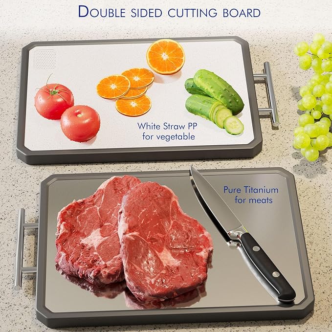 Titanium Cutting Boards for Kitchen, Large 16x11 Inch Pure Titanium and Wheat Straw PP Double Sided Chopping Board, Dishwasher Safe, Easy to Clean