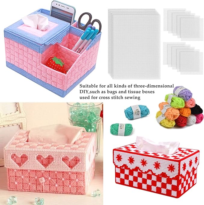 BUYGOO 39Pcs Mesh Plastic Canvas Sheets Kit Including 15 Pieces Clear Plastic Canvas, 12 Color Acrylic Yarn and Embroidery Tools for Embroidery Plastics Canvas Craft
