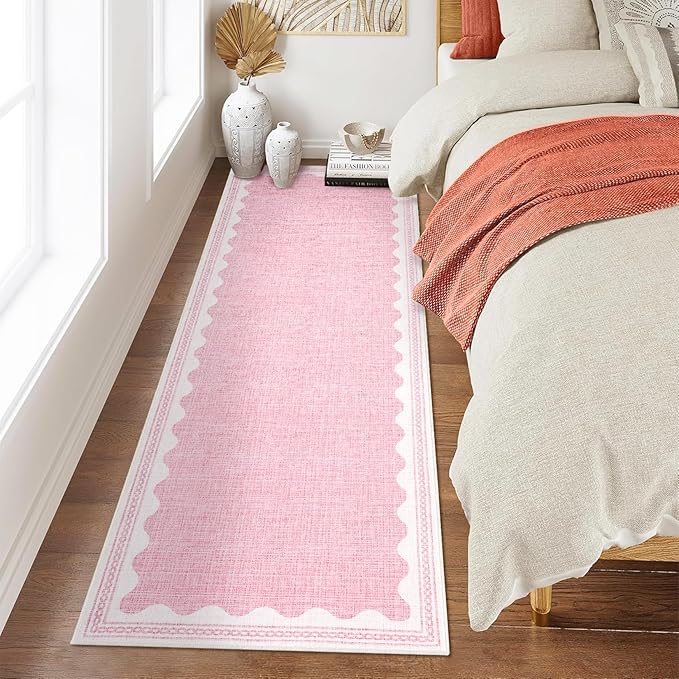 Scalloped Rug 2.5x8 Runners for Hallways, Solid Pink Runner Rugs Non Slip Scalloped Bath Runner, Washable Mat for Bedroom Girls, Rugs for Kitchen Floor Soft Dorm Nursery Carpet for Bedside