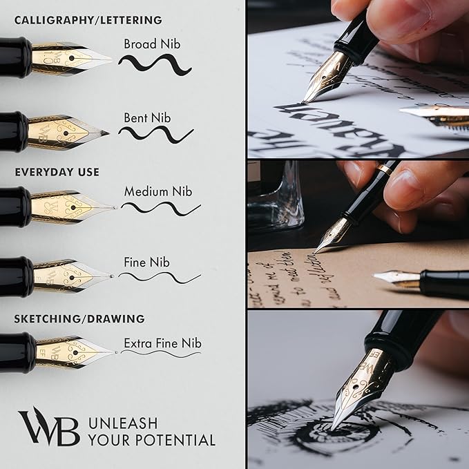 Wordsworth & Black Fountain Pen Set, Fine Nib, Includes 24 Pack Ink Cartridges, Ink Refill Converter & Gift Box, Chrome Finish, Calligraphy, [Black Chrome], Perfect for Men & Women