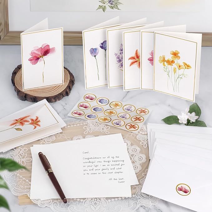 Blank Cards, 30 Pack Blank Greet Cards, Elegant Gold Foil Blank Note with Envelopes, Perfect Stationary Set For All Occasions, 5 Assorted Floral Designs