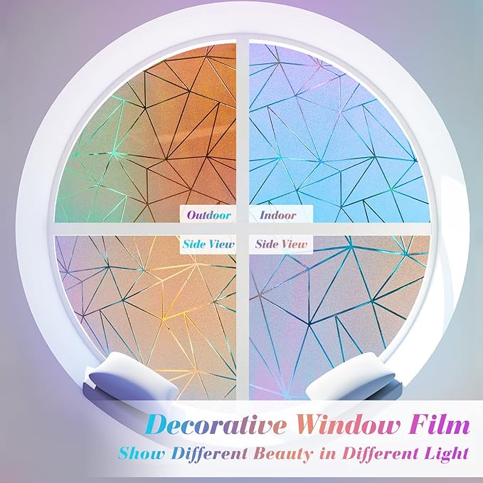Coavas Rainbow Window Privacy Film, Frosted Glass Static Cling, Decorative Bathroom Door Cling, UV Blocking Day and Night Window Tint, Non-Adhesive Vinyl Sticker, 23.6x78.7 inches
