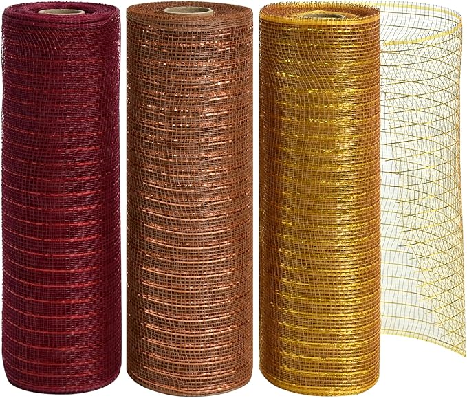 TONIFUL 10 Inch 3 Rolls DeepRed/Brown/Gold Thanksgiving Decorative Mesh Ribbons, Fabric Mesh with Foil for Tree Home Front Door Wreaths Decorations Supplies（3 Colors, 10yards/ roll）
