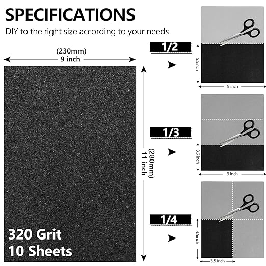 320 Grit Sandpaper, 9 x 11 Inch Wet Dry Sand Paper Hand Abrasive Sanding Sheets for Wood Metal Automotive Sanding and Polishing - 10 Sheets