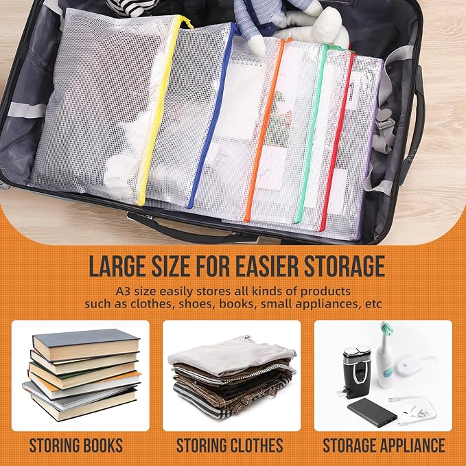 24pcs Mesh Zipper Pouch File Bags Puzzle Storage Bags, A3 17x12 Inches Large Reusable Zipper Pouches for Organizing Classroom Board Game Organization