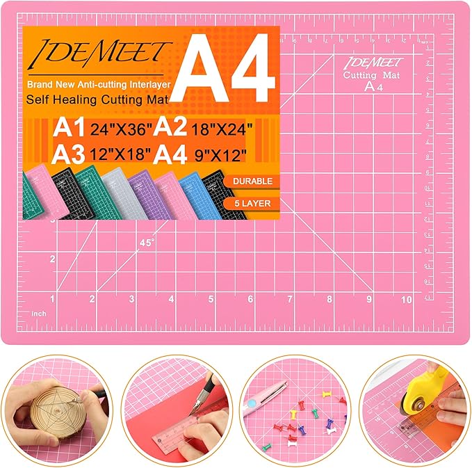 Density-upgraded 9"x12" Self Healing Cutting Mat, Idemeet Rotary Sewing Mat for Crafts, 5-Ply Blade Table Protector Cut Board for Fabric Leather Cutting Quilting Modeling Hobby Project, A4, Pink