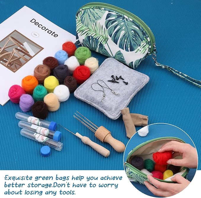 IMZAY Needle Felting Kit, Needle Felting Starter Kit with Exquisite Green Storage Bag, Wool Roving 18 Colors Set, Needle Felting Tools Kit, Wool Felt Tools for Felted Animal Needle Felting Supplies