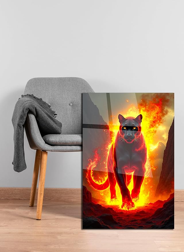 SpiritualHands Fiery Black Panther Glass Wall Art Painting for Living Room, Tempered Glass Modern Prints Decor, Large Vivid Color Panel for Bedroom, Kitchen, or Office