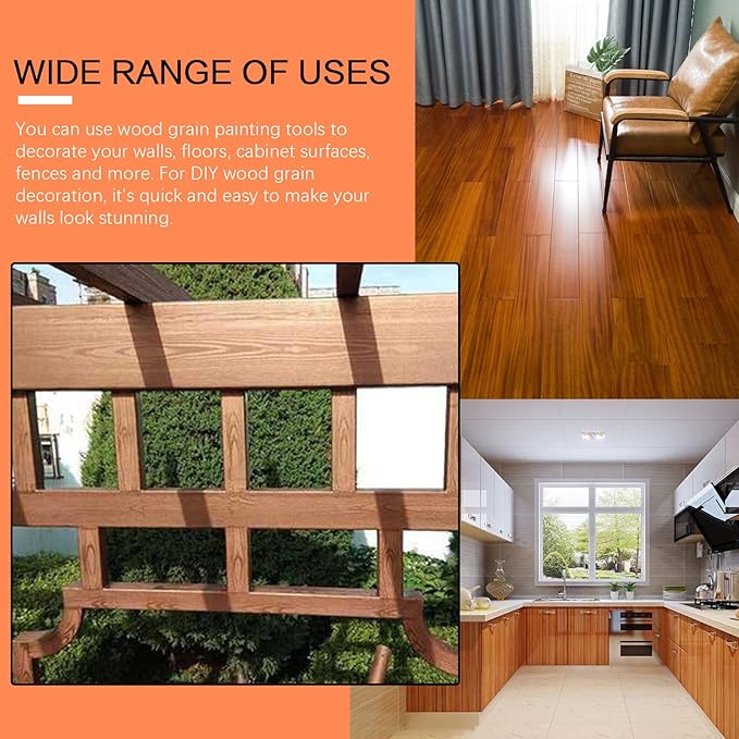 Tanstic 4Pcs Wood Graining Painting Tool Set, Red Blue Rubber Wood Grain Tool and Rubber Empaistic Wood Texture Pattern Roller with Handle for Wall Floor Furniture DIY Room Decoration