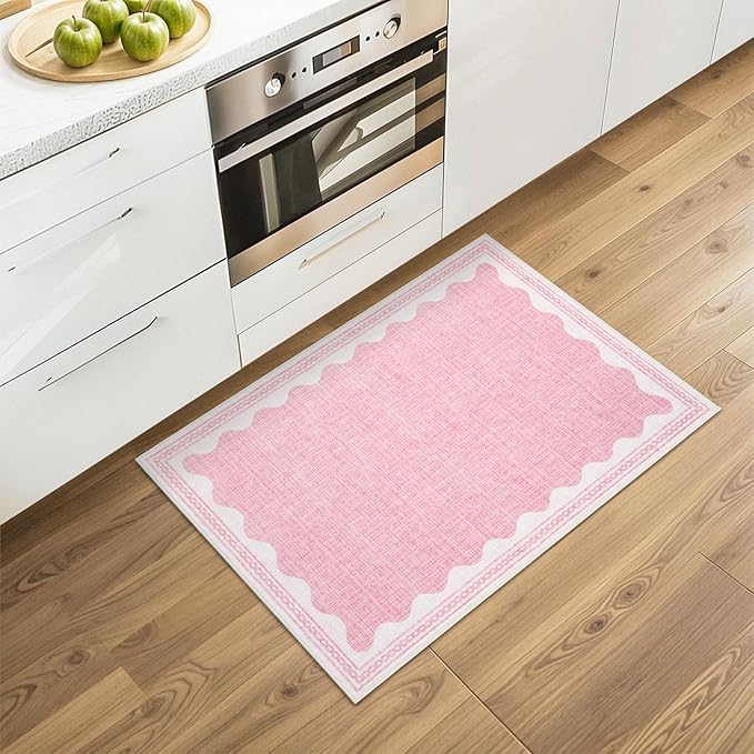 Scalloped Rug 2x3 Rugs for Entryway, Solid Pink Rug for Bedroom Girls, Small Washable Rugs Non Slip Scalloped Bath Mat, Front Door Mat Indoor Entrance, Soft Dorm Nursery Carpet for Kitchen