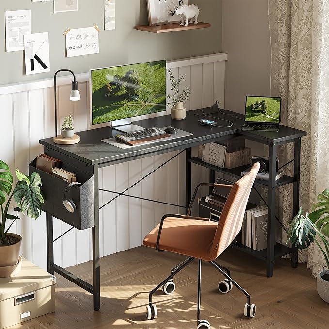 TIQLAB L Shaped Computer Desk with Power Outlets, 55 Inch Small Corner Desk with Reversible Shelves, Gaming Desk Computer Table Study Writing Table for Home Office Bedroom Small Space, Black