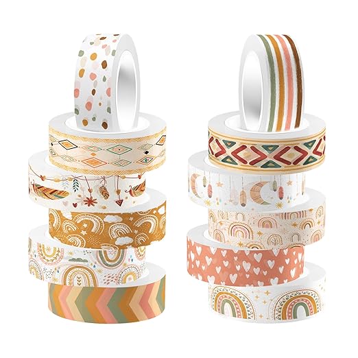 12 Rolls Washi Tape Boho Washi Tape Set Vintage Rainbow Sun Stars Masking Tapes Decorative Paper Stickers Decorative Tapes for DIY Art Crafts Wrapping Decor Junk Journal Scrapbooking Gifts Stickers