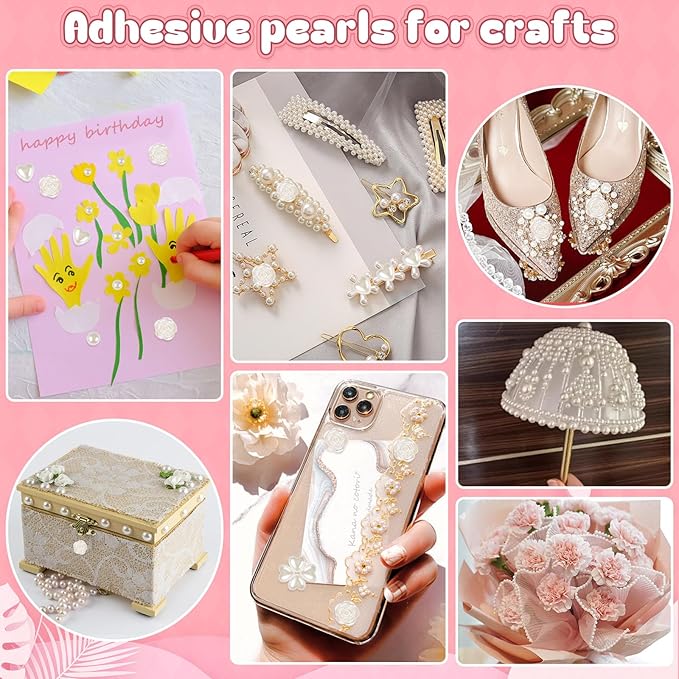 4366 PCS Self Adhesive Pearl Stickers，Pearl Stickers for Crafts Kids，Assorted Sizes & Shape Stick on Pearls for Hair, Face, Makeup, Eye 3mm/4mm/5mm/6mm/8mm/10mm/Rose/Heart Shape