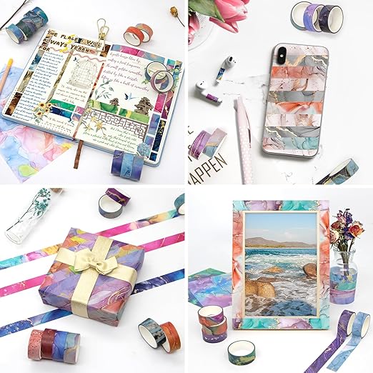 48 Rolls Washi Tape Set - Decorative Masking Tape Colored Marbling Patterns, Adhesive Artists Tapes for Journaling Supplies, DIY Crafts, Scrapbooking, Junk Journal Supplies, School Supplies