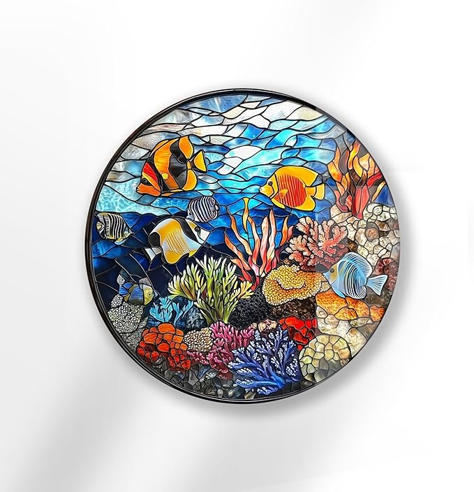 My Photostation.com 39,4''(100cm) Diameter Coral Reef Mosaic Round Glass Wall Art Tempered Glass Printing Wall Decor Large Wall Art Wall Hangings