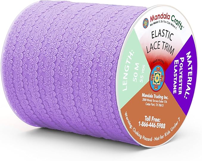 Mandala Crafts Lavender Stretch Lace Soft Elastic Trim Roll - 55 Yards 1 Inch Wide Stretchy Frilly Picot Ribbon for Sewing Lingerie, Headbands, Underwear, and Crafts