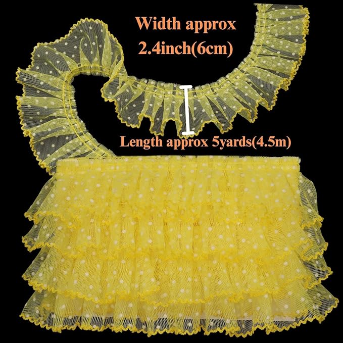 Dots Lace Ruffle Trim for Sew, Crafts 2.4" x5yd Single Layer Pleated Edge Lace Ribbon (Yellow)