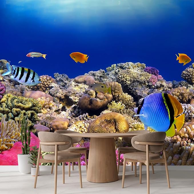 wall26 Wall Sticker/Wall Mural Tropical Blue Fish Coral Reef Ocean Seascape Nature Wilderness, Not Peel and Stick, Non-Woven Wallpaper Decorative for Bedroom, Living Room, Office - 120x168 inches
