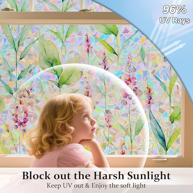 Donox Decorative Window Privacy Film, 3D Floral Stained Glass Window Film Static Cling Rainbow Privacy Sticker for Glass Door Heat Control Anti UV, No Adhesive (Gladiolus,17.5 x 78.7 inches)