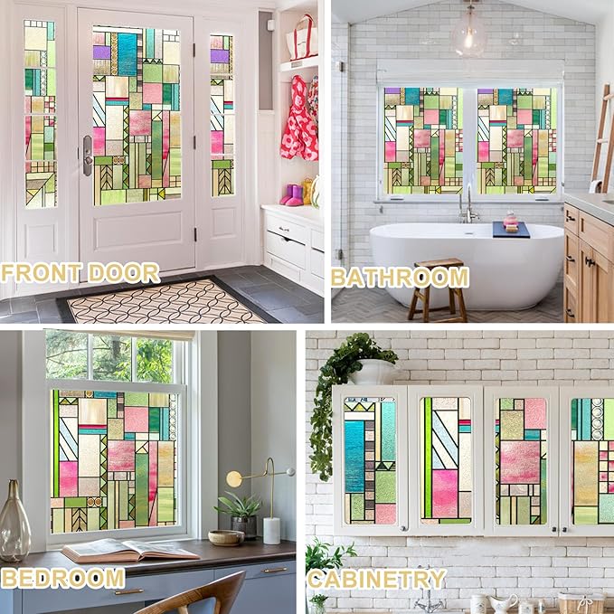 3D Stained Glass Window Privacy Film, Heat Control UV Blocking Static Cling Decorative Window Film for Bathroom,Front Door,Home Non Adhesive,Colorblock 16.9 x 39.3 inches