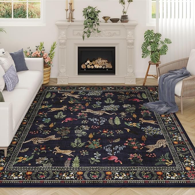 Rugcomf Living Room Rug 5x7 Rug Machine Washable Boho Area Rug Non Slip Floral Animal Vintage Low Pile Large Rugs for Living Room, Bedroom, Farmhouse, Dining Room, Kids Playroom (Blue)