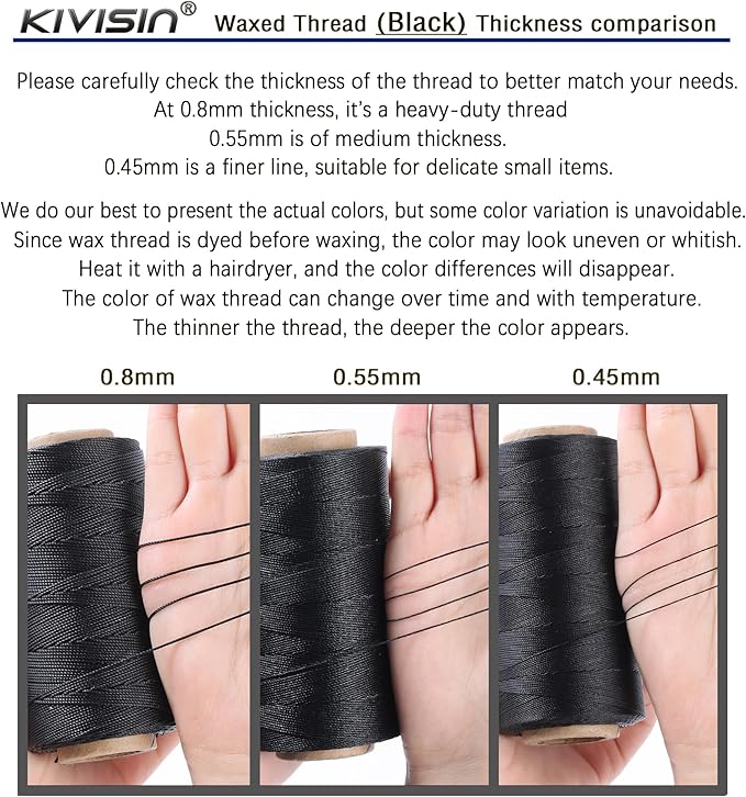 Sturdy Bonded Waxed Polyester Thread, 0.55mm, 437 Yards Wax String Cord - Black for Leather, Hand Sewing, Stitching, Beading, Bookbinding, Bracelets and Macrame Jewelry Making