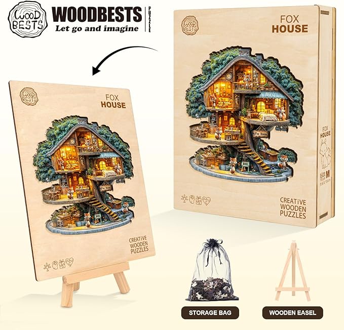 WOODBESTS Wooden Puzzles for Adults (195 Piece, M, 11.4 * 11.4in) Fox House Wood Puzzle Adult, Unique Wooden Animal Jigsaw Puzzles, Family Game and Birthday Gifts for Friend