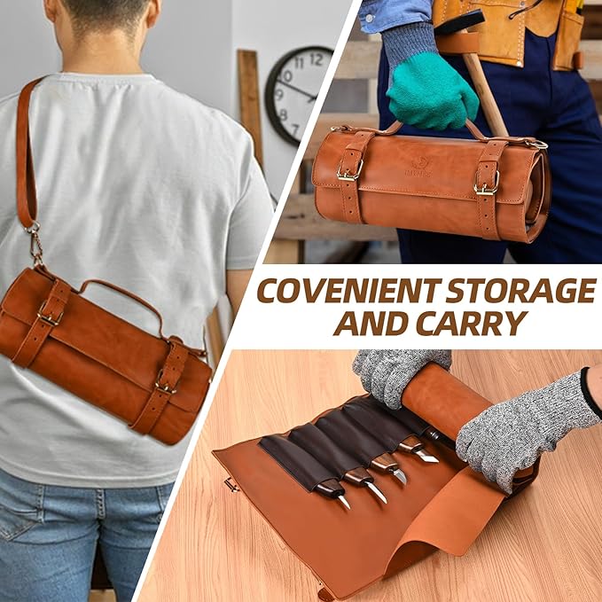 Deluxe Wood Carving Kit - 21Pcs Wood Carving Tools with Leather Storage Bag,Wood Carving Tools Set with 8Pcs Whittling Knives, 8Pcs Detail Carving Knives,Wood Whittling Kit for Beginners